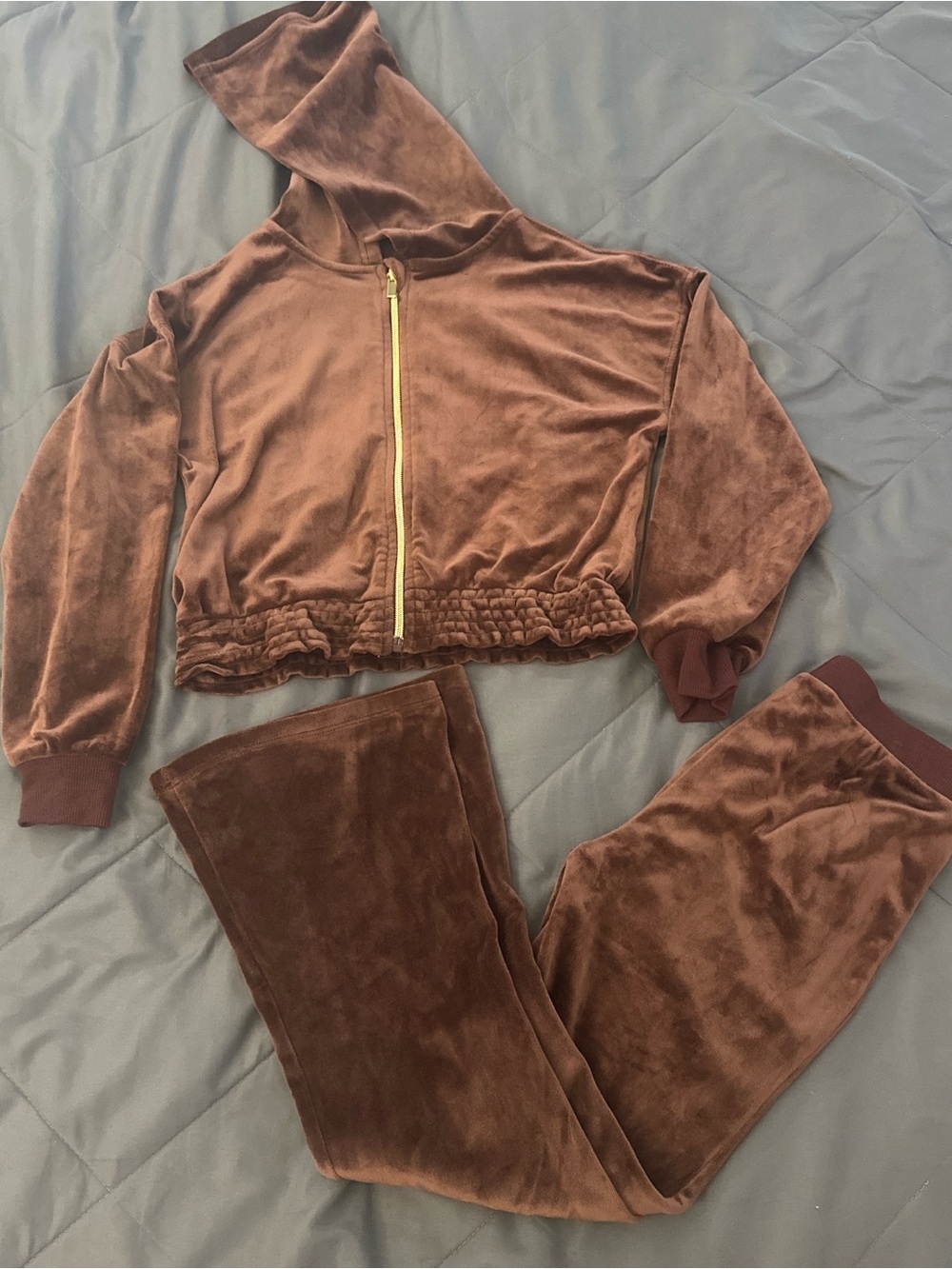Girls Jessica Simpson Brown Velour Hooded Zip Crop Jacket & Joggers Set L10